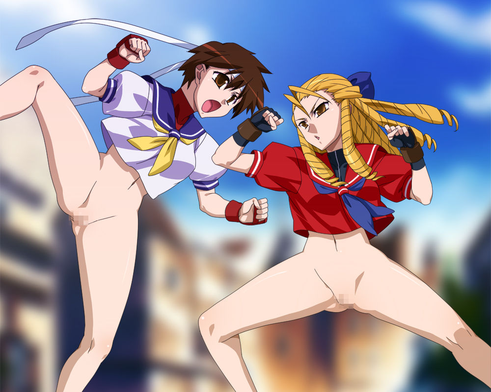 2girls akagi_(artist) blonde_female blonde_hair blonde_hair_female bottomless bottomless_female brown_eyes brown_hair censored censored_genitalia censored_pussy clothed clothed_female drill_hair fighting gloves headband karin_kanzuki multiple_females multiple_girls sakura_kasugano school_girl school_uniform schoolgirl schoolgirl_uniform street_fighter time_stop undressed upskirt white_headband