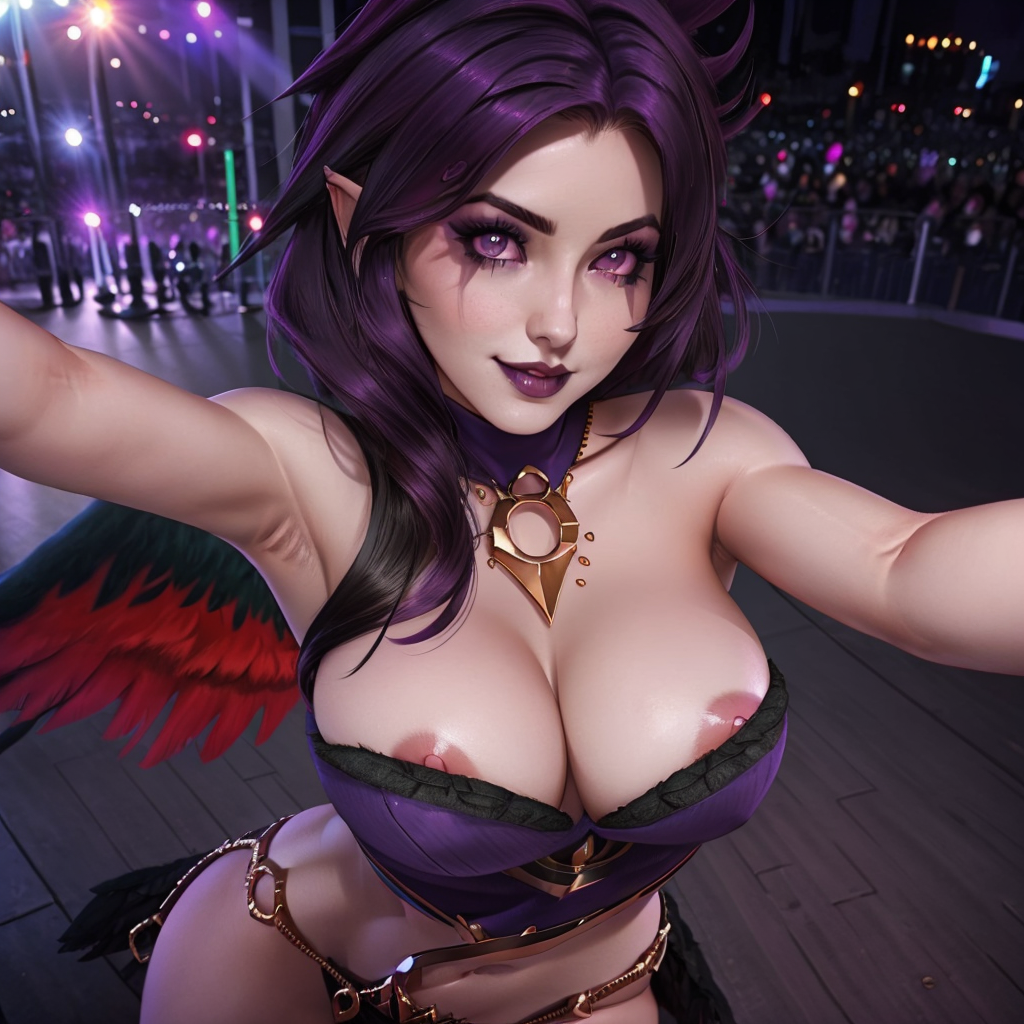 ai generated, big breasts, breasts, female, female focus, league of legends, morgana, nipple slip, purple hair, selfie, stable diffusion, stage, wings