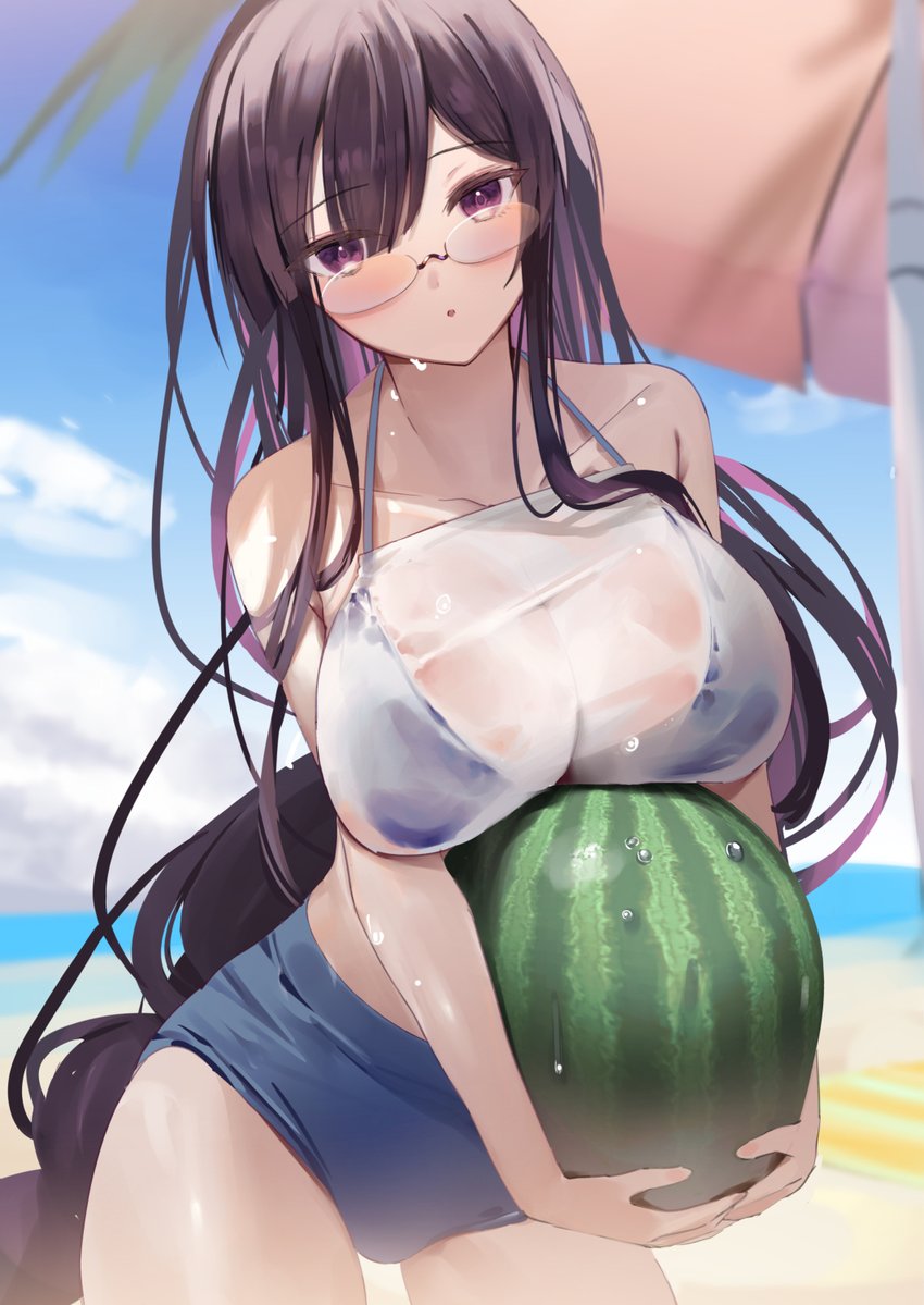 1girls artist_request beach breasts collarbone glasses large_breasts long_hair see-through swimsuit watermelon wet wet_clothes