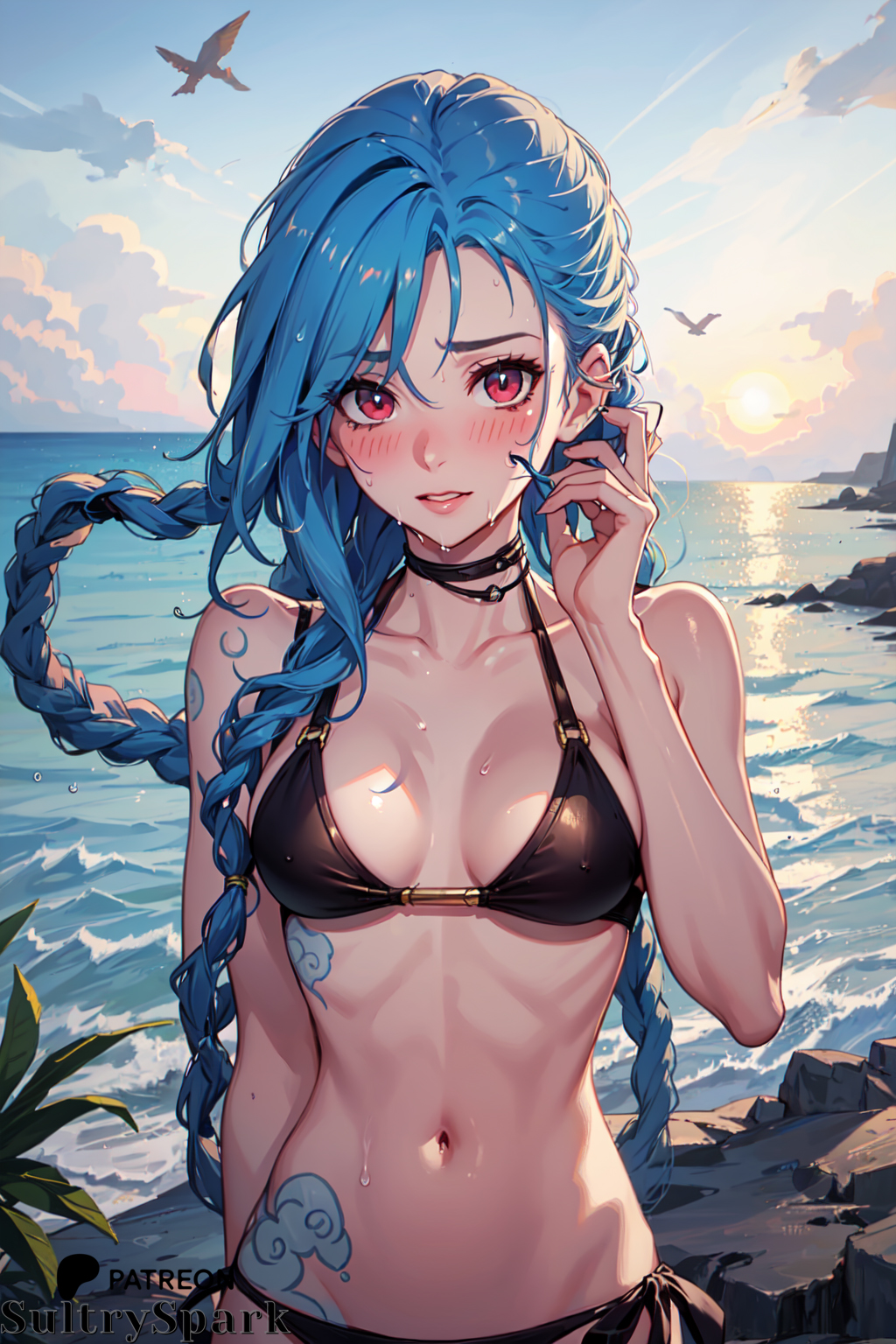 ai_generated beach bikini black_bikini blue_hair breasts female female_only jinx_(league_of_legends) league_of_legends patreon patreon_username pink_eyes small_breasts sultryspark tatoos tattoo visible_nipples visible_pussy water_drop wet wet_clothes