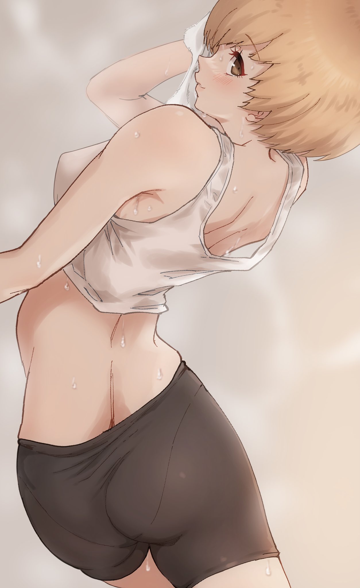 ass atlus bare_shoulders bike_shorts blush breasts brown_eyes brown_hair female from_above from_behind highres kurosususu looking_at_viewer looking_back looking_up pantylines persona persona_4 satonaka_chie shiny_clothes shiny_skin shirt short_hair sideboob smile solo sweat towel