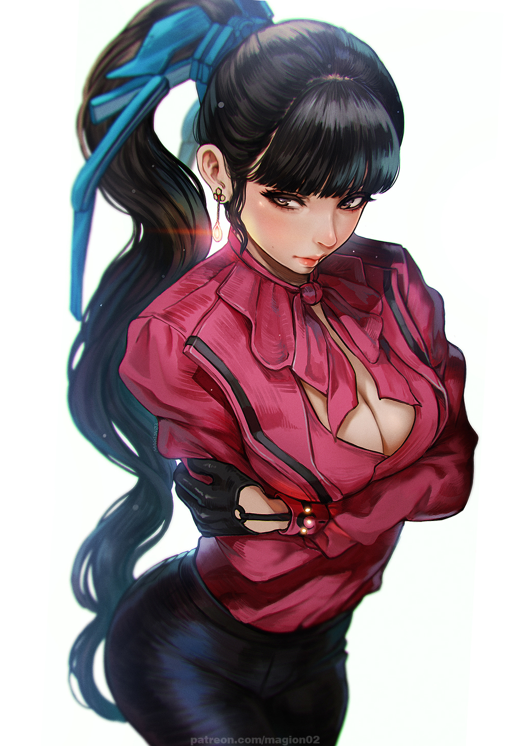 1girls arms_crossed_under_breasts arms_under_breasts ass black_gloves black_hair black_jeans black_pants blouse blue_hairband blue_ribbon blunt_bangs breasts breasts_out breasts_squeezed_together brown_eyes cleavage cleavage_cutout clothing_cutout crossed_arms curvaceous curvy dangle_earrings earrings eve_(stellar_blade) fat_ass female female_focus gloves hair_pulled_back hair_ribbon hairband highres jewelry large_breasts lips lipstick long_hair long_sleeves looking_at_viewer magion02 makeup nose pants pink_shirt ponytail red_passion_(stellar_blade) red_shirt ribbon shirt shirt_tucked_in solo solo_focus stellar_blade thick_thighs thighhighs thighs very_long_hair voluptuous voluptuous_female white_background