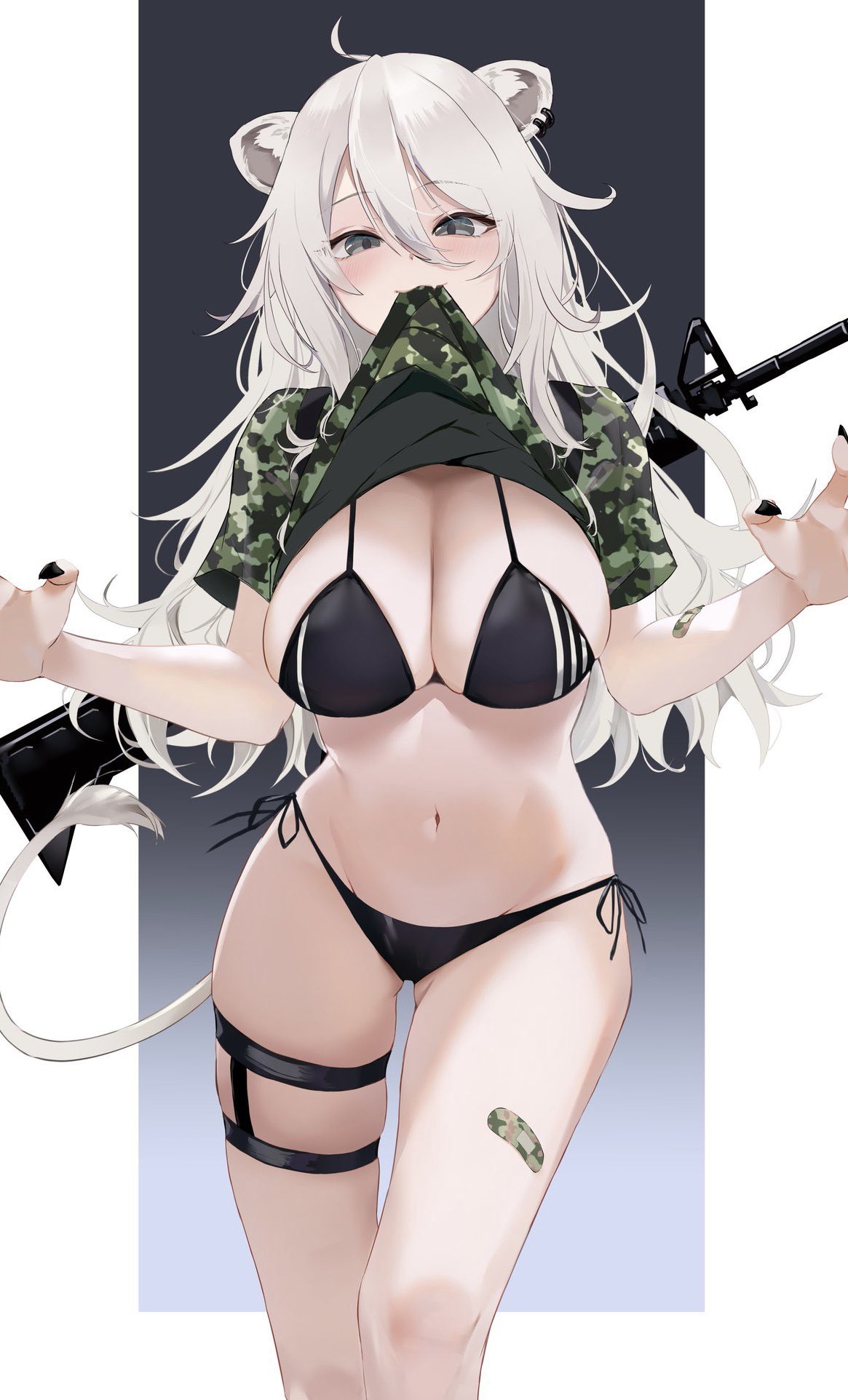 1girls, animal ears, aya02ka, bikini, breasts, cleavage, fangs, female, gun, hips, hololive, hololive gen 5, hololive japan, huge breasts, kemonomimi, light skin, light-skinned female, lion ears, lion girl, long hair, naughty face, shishiro botan, silver eyes, smile, tail, thick thighs, thighs, top lift, virtual youtuber, white hair, wide hips