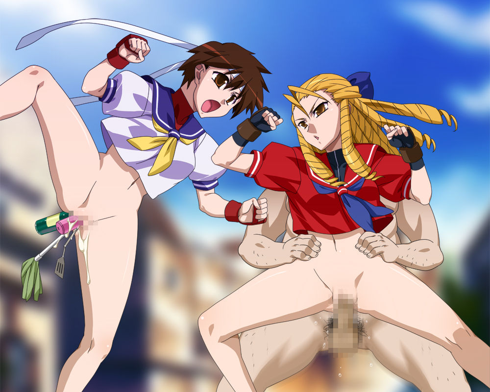 1boy 2girls akagi_(artist) blonde_female blonde_hair blonde_hair_female bottomless bottomless_female brown_eyes brown_hair censored censored_genitalia censored_pussy clothed clothed_female cum cum_drip cum_dripping cum_dripping_out_of_pussy cum_in_pussy cum_inside drill_hair dripping dripping_cum dripping_semen fat_man female fighting gloves headband karin_kanzuki leaking leaking_cum leaking_semen male multiple_girls naked naked_male nude nude_male orgasm penis sakura_kasugano school_girl school_uniform schoolgirl schoolgirl_uniform semen semen_dripping sex street_fighter time_stop ugly_bastard ugly_man undressed upskirt vaginal vaginal_insertion vaginal_penetration vaginal_sex white_headband