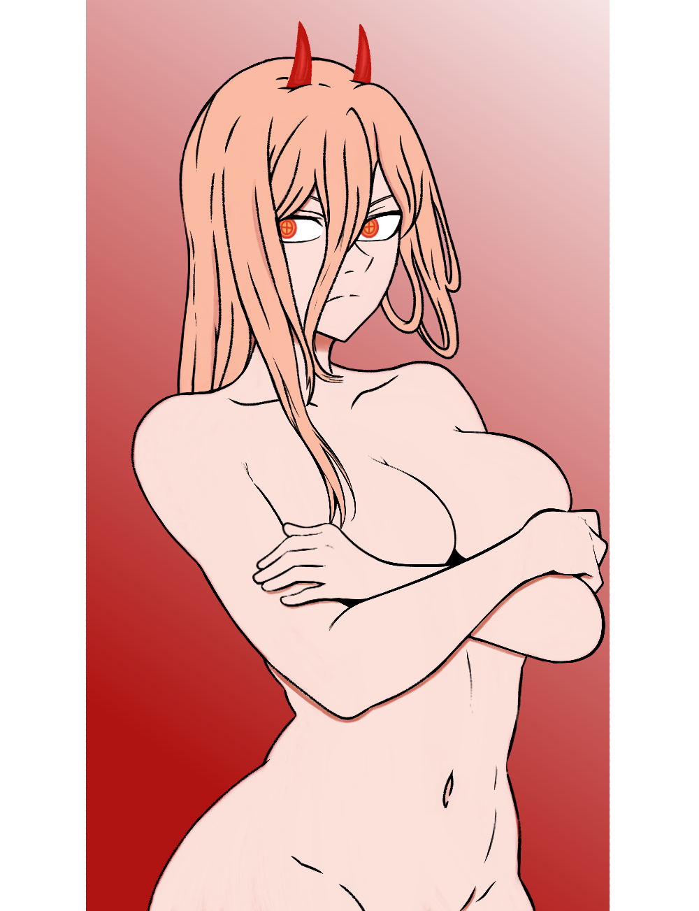 anime annoyed_expression arms_crossed bangs bjarruafterdark blood_devil_(chainsaw_man) chainsaw_man devil exposed_torso female horn horns long_hair medium_breasts pale_skin pink_hair power_(chainsaw_man) simple_background simple_shading strawberry_blonde_hair