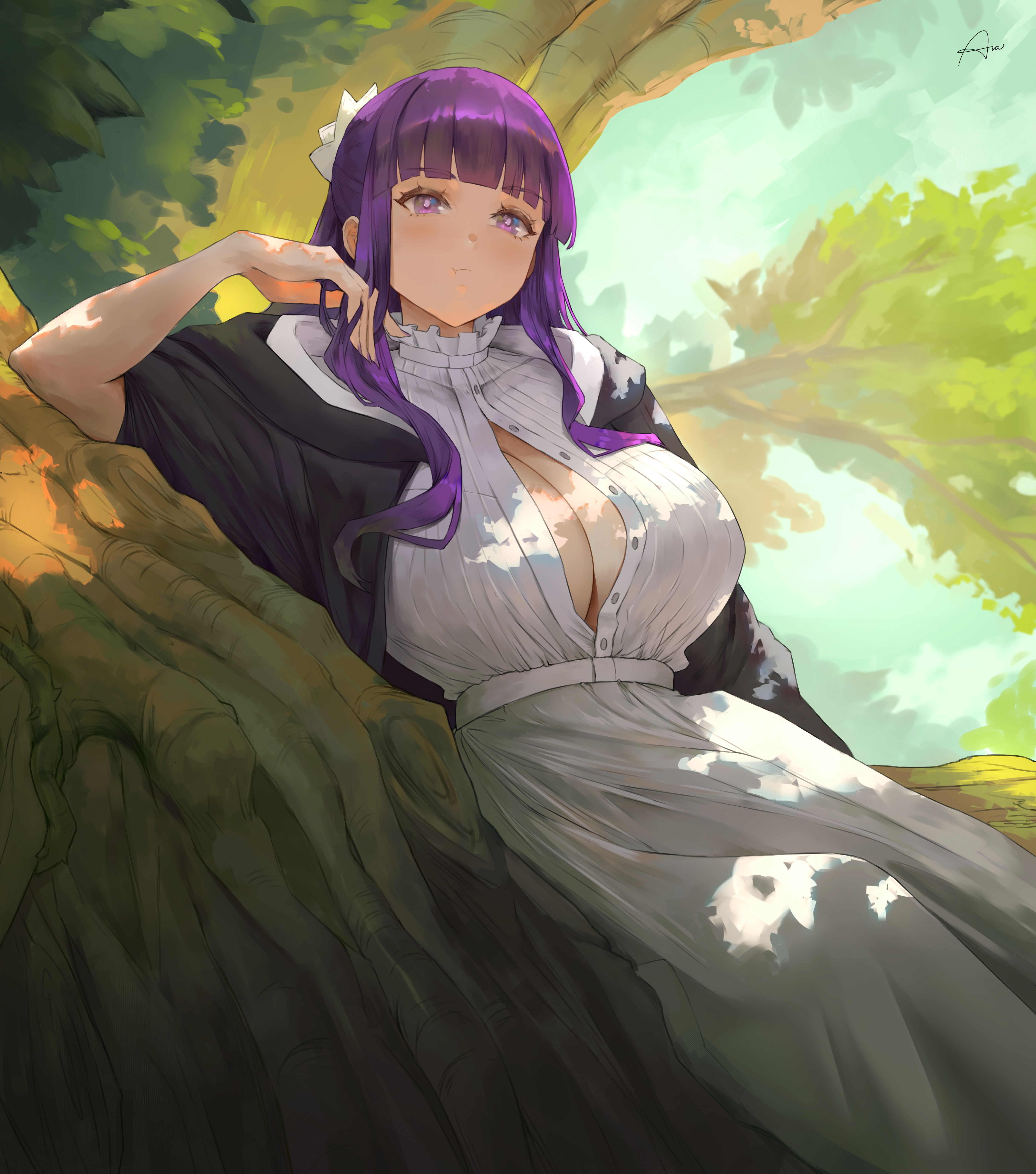 1girls, absurd res, araneesama, boob window, breasts, cleavage window, covered breasts, female, female only, fern (sousou no frieren), huge breasts, inner sideboob, long hair, purple hair, sitting, sousou no frieren, touching hair, white dress