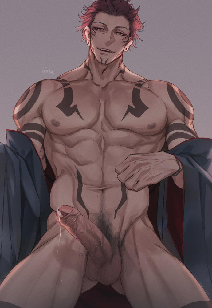 dick, erect penis, jujutsu kaisen, looking at viewer, male, male pubic hair, penis, pink hair, pubic hair, ryoumen sukuna (jujutsu kaisen), solo male, tagme