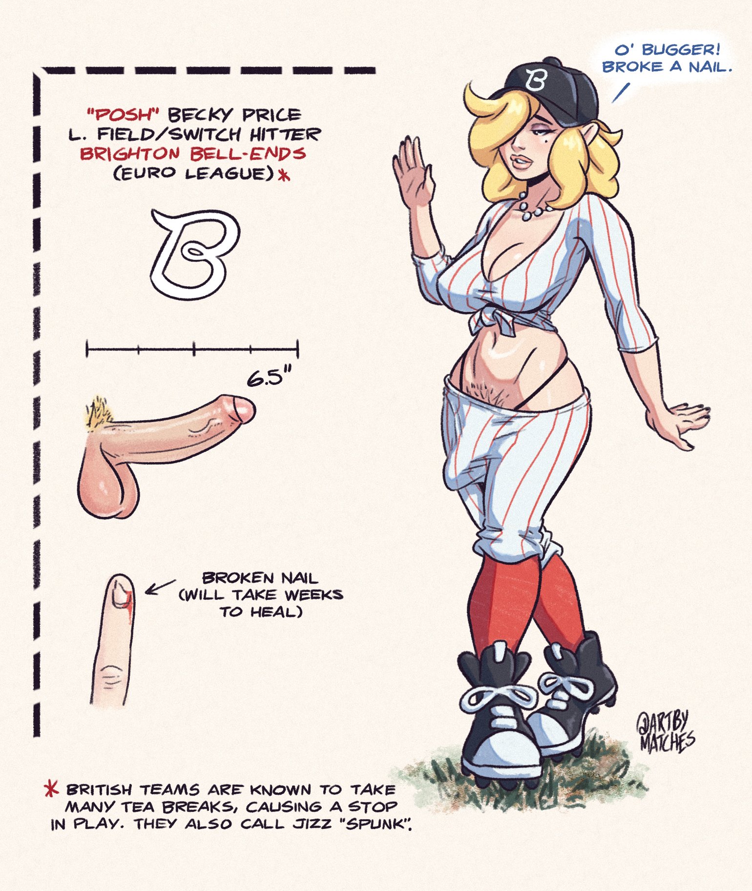 1futa, areolae, artbymatches, balls, baseball cap, baseball uniform, becky price (artbymatches), big breasts, big penis, blonde hair, breasts, bulge, casual, character sheet, clothed, clothing, description, english text, erection under clothes, footwear, foreskin, full body, fully clothed, futa only, futanari, human, intersex, light skin, light-skinned futa, measurements, model sheet, nipples, pale skin, partially retracted foreskin, penis, pubic hair, retracted foreskin, sportswear, standing, text, uncircumcised, uncut, uniform