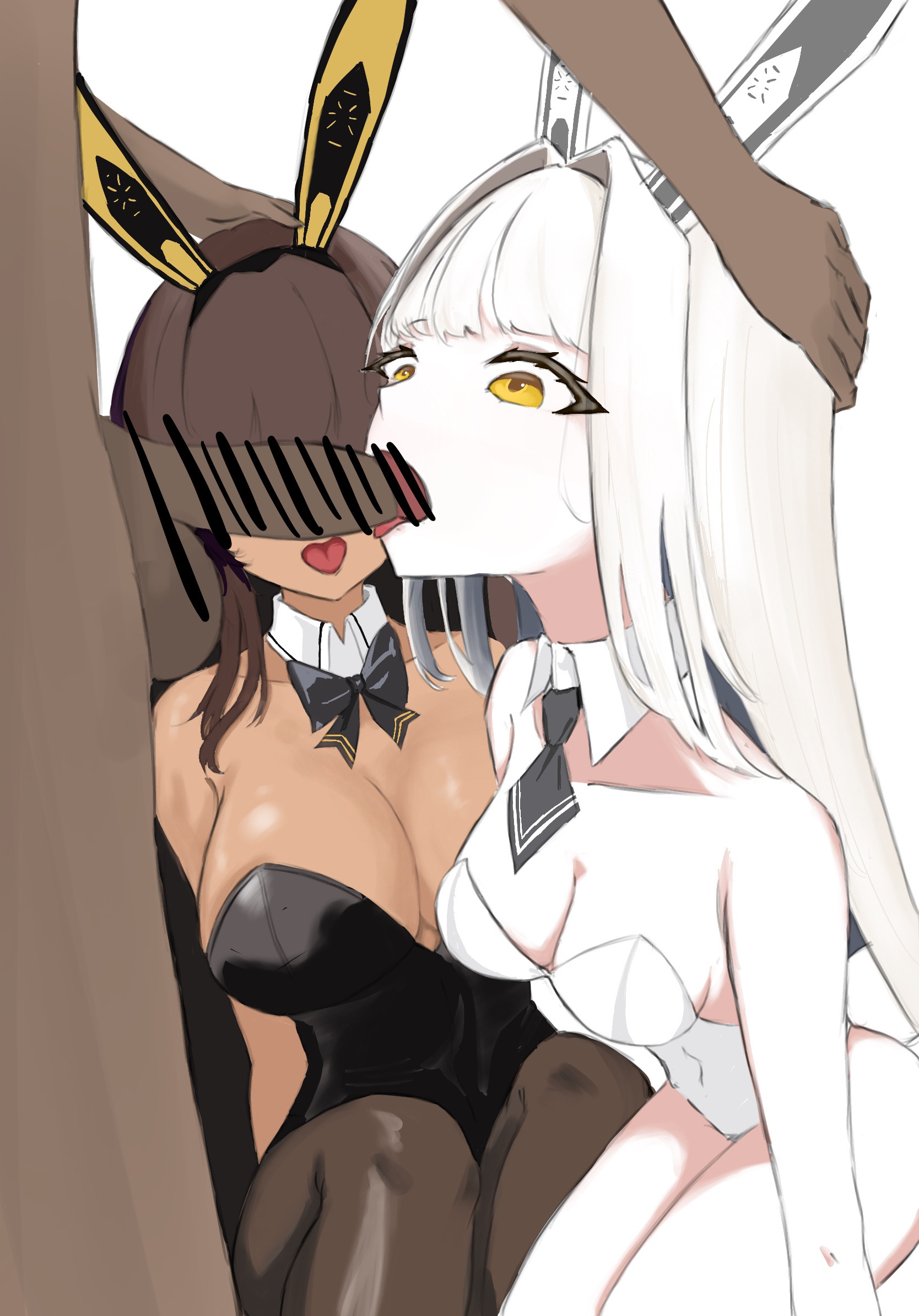 1boy, 2girls, blanc (nikke), blowjob, brown hair, bunny ears, bunnysuit, cleavage, dark skin, dark-skinned female, female, goddess of victory: nikke, hand on head, light skin, light-skinned female, male, noir (nikke), open mouth, oral, penis, sisters, tongue, white background, white hair, yellow eyes