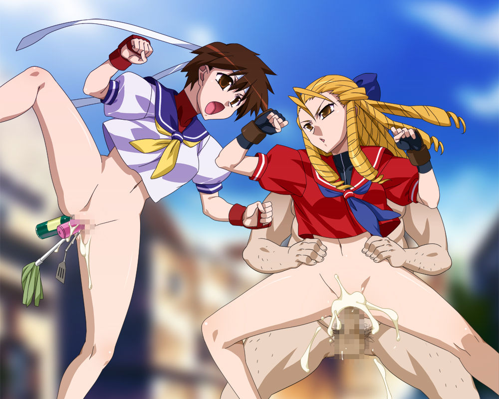 1boy 2girls akagi_(artist) blonde_female blonde_hair blonde_hair_female bottomless bottomless_female brown_eyes brown_hair censored censored_genitalia censored_pussy clothed clothed_female cum cum_drip cum_dripping cum_dripping_out_of_pussy cum_in_pussy cum_inside drill_hair dripping dripping_cum dripping_semen fat_man female fighting gloves headband karin_kanzuki leaking leaking_cum leaking_semen male multiple_girls naked naked_male nude nude_male orgasm penis sakura_kasugano school_girl school_uniform schoolgirl schoolgirl_uniform semen semen_dripping sex street_fighter time_stop ugly_bastard ugly_man undressed upskirt vaginal vaginal_insertion vaginal_penetration vaginal_sex white_headband