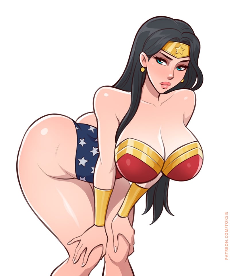 amazon arched_back bending_over big_ass big_breasts big_lips black_hair bracelets costume dc dc_comics diana_prince leotard long_hair solo toksie wonder_woman wonder_woman_(series)