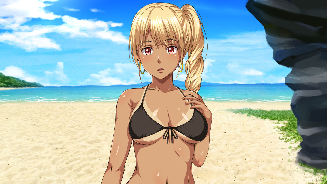 1girls beach bikini black_bikini black_swimsuit blonde_hair earrings gal gyaru gyaru_gal hoop_earrings kuro_gyaru pakopako_resort_e_youkoso_~onnanoko_to_yaritai_houdai_h_na_koto_ga_dekiru_yume_no_shima~ sanroku-maru_(unnu) sanrokumaru side_ponytail swimsuit tan tanline