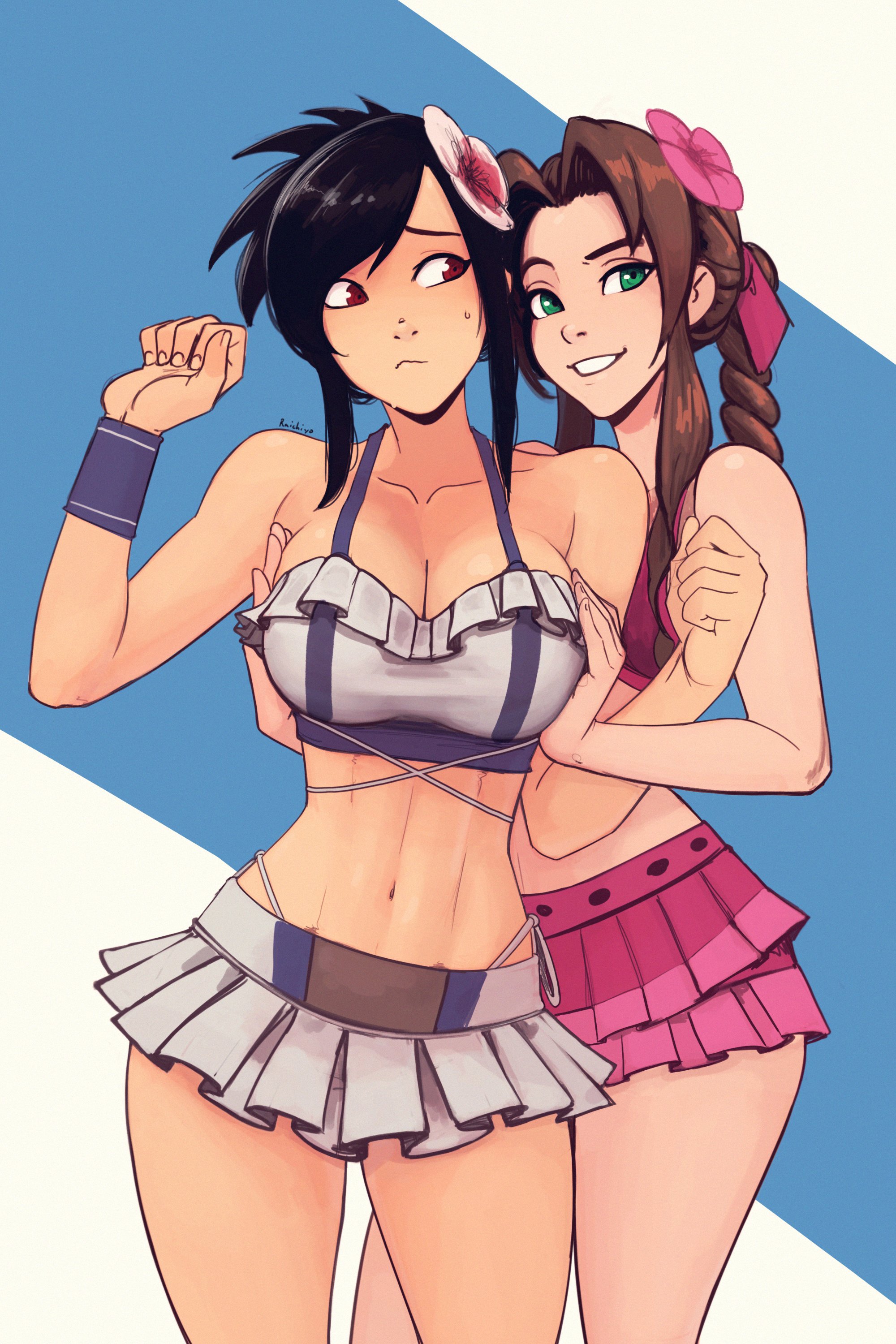 2girls, aerith gainsborough, aerith gainsborough (pink mermaid), alternate costume, breast squeeze, breasts, female, female only, final fantasy, final fantasy vii, final fantasy vii remake, light skin, light-skinned female, presenting breasts, raichiyo33, square enix, swimsuit, tagme, tifa lockhart, tifa lockhart (shining spirit)