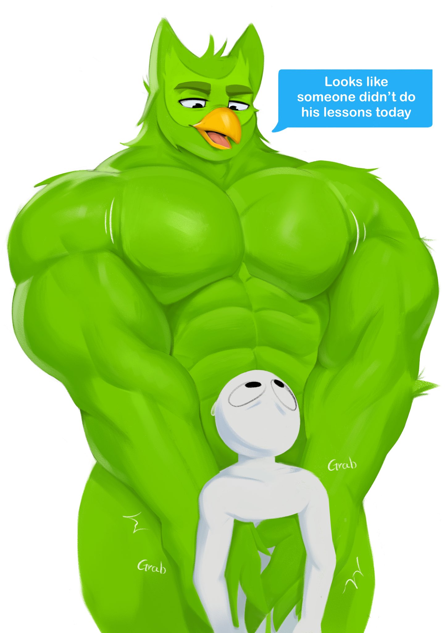 anon anthro avian beak biped bird digital_drawing_(artwork) digital_media_(artwork) doggonut duo_(character) duolingo green_body hi_res male male_only muscular muscular_anthro muscular_male simple_background speech_bubble thisishomo