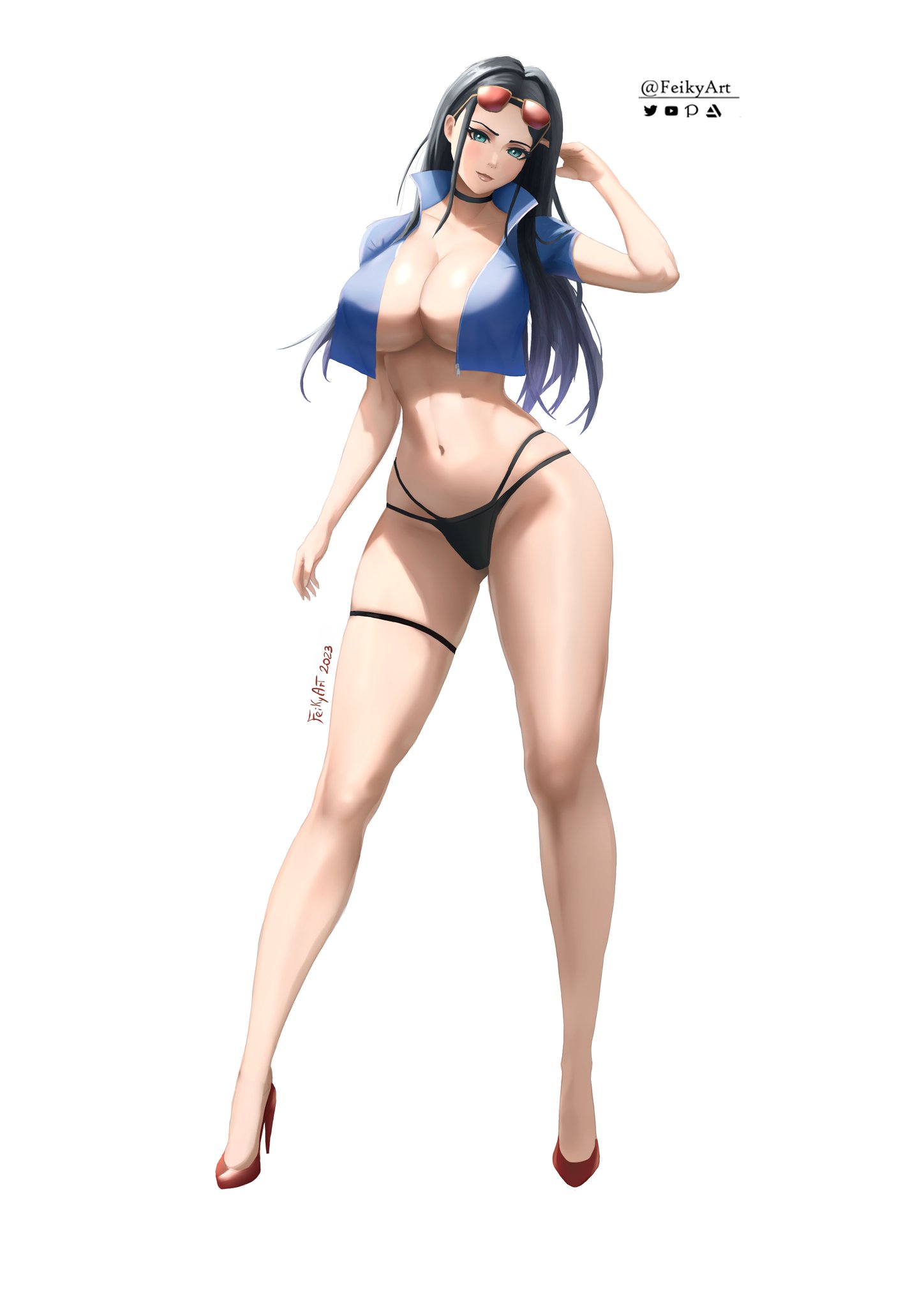 1girls, bare arms, bare legs, bare thighs, big breasts, black hair, black-haired female, blue eyes, blush, breasts, clothed, clothing, color, eyewear on head, feikyart, female, female focus, female only, hi res, large breasts, light skin, light-skinned female, long hair, looking at viewer, nico robin, one piece, panties, shounen jump, solo, solo female, sunglasses, sunglasses on head, tagme, thick thighs