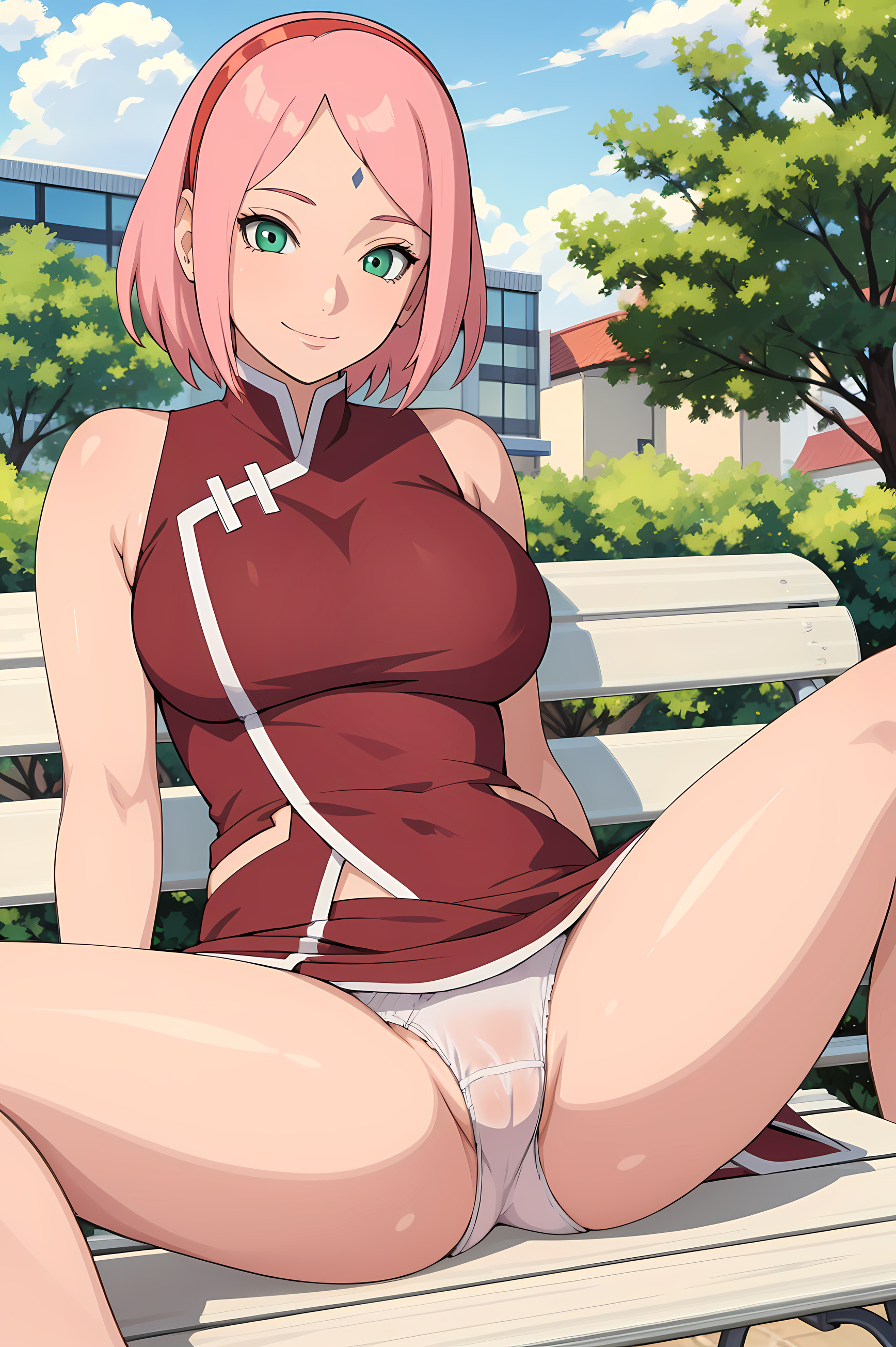 1girls, ai generated, alternate breast size, bare legs, bench, big breasts, bob cut, boruto: naruto next generations, bottomless, bottomless female, breasts, cameltoe, china dress, chinese clothes, clothing, dress, female, female focus, light skin, light-skinned female, looking at viewer, mature, mature female, milf, nai diffusion, naruto, naruto (series), no pants, on bench, outdoors, pale skin, pale-skinned female, panties, parted bangs, partially clothed, petite, petite body, pink hair, presenting, presenting pussy, pussy, ringod, sakura haruno, sitting, sitting on bench, smile, solo, stable diffusion, thick thighs, thighs, underwear, white skin