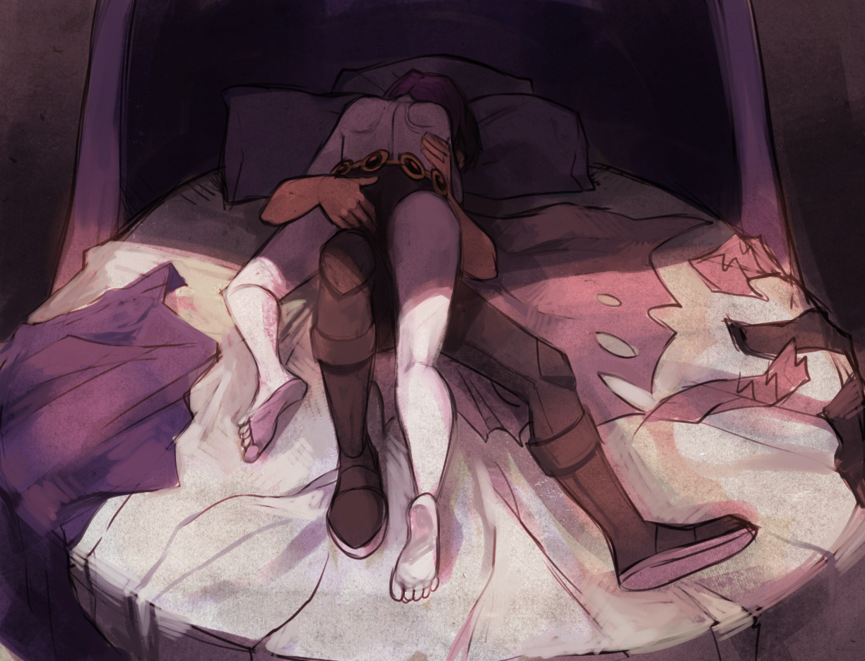 1boy, 1girls, ass, barefoot, bed, bedroom, damian wayne, dc, dc comics, feet, female, female on top, hand on ass, hand on butt, lying on person, male, male/female, on bed, on top of, rachel roth, raven (dc), robin (damian wayne), robin (dc), soles, straight, teen titans, toes, unseen female face, unseen male face