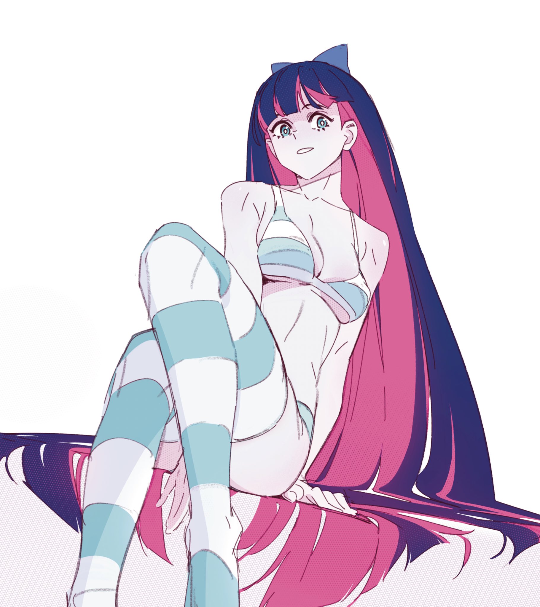 big breasts, black hair, blue eyes, breasts, felix thirasat, female, hair ornament, hair ribbon, hand between legs, leg up, long hair, looking at viewer, panty & stocking with garterbelt, purple hair, sitting, slim waist, stocking anarchy, thick thighs, thigh highs, thighhighs, two-tone hair, viewed from below
