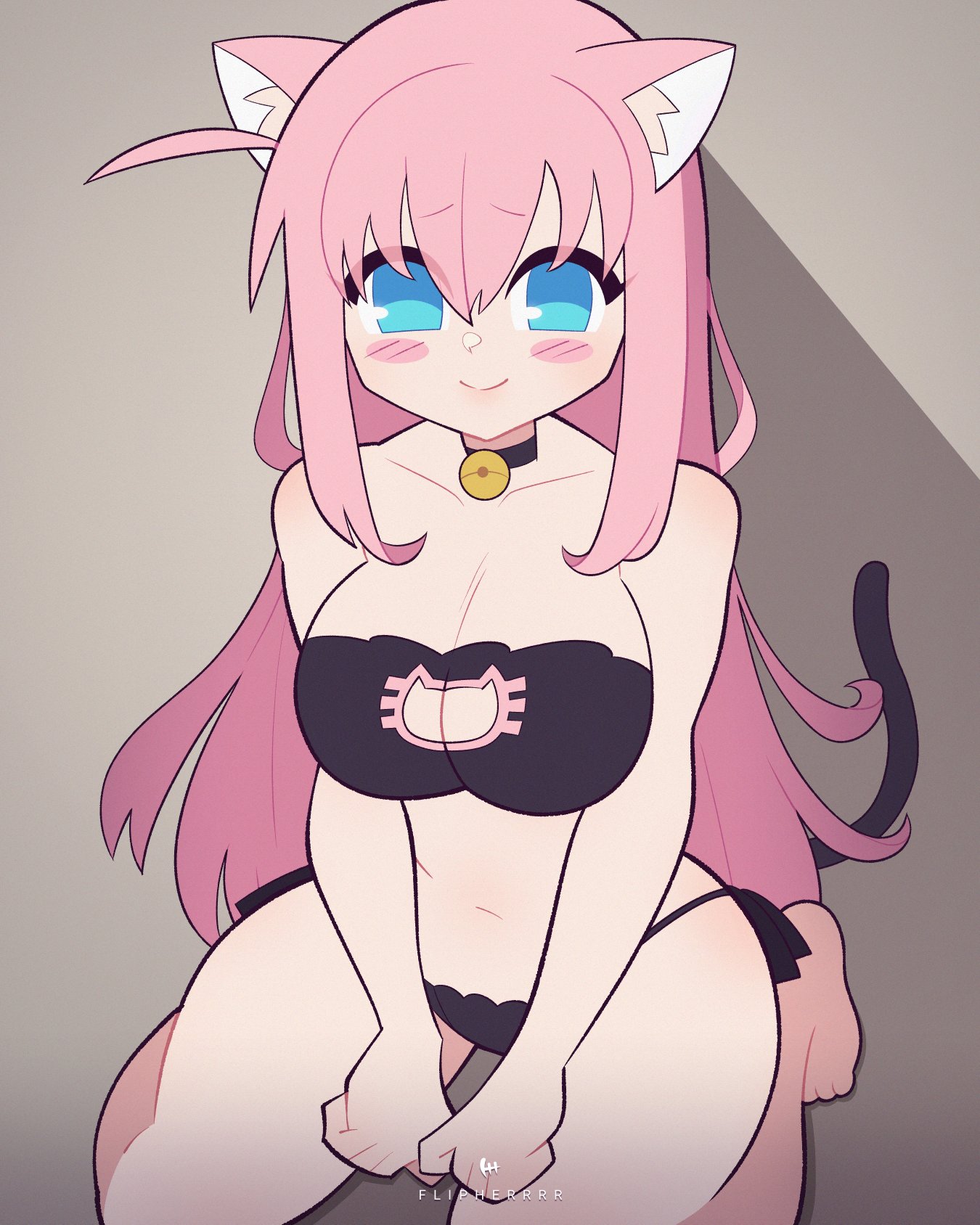 1girls, bell collar, big breasts, black bra, black collar, black panties, black tail, blue eyes, blush, bocchi the rock!, bra, breasts, cat ears, clothed, clothing, collar, female, female only, flipherrrr, fliphrrr, gotou hitori, kneeling, long hair, looking at viewer, panties, partially clothed, pink hair, shadow, simple background, sitting, smile, solo, solo female, tail, wariza, watermark, wide hips
