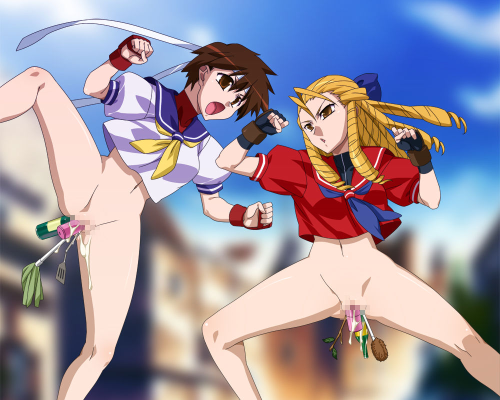 2girls akagi_(artist) beer beer_bottle blonde_female blonde_hair blonde_hair_female bottomless bottomless_female branch brown_eyes brown_hair censored censored_genitalia censored_pussy clothed clothed_female cum cum_drip cum_dripping cum_dripping_out_of_pussy cum_in_pussy cum_inside drill_hair dripping dripping_cum dripping_semen female female_only fighting gloves headband karin_kanzuki leaking leaking_cum leaking_semen multiple_girls naked naked_male nude nude_male orgasm sakura_kasugano school_girl school_uniform schoolgirl schoolgirl_uniform semen semen_dripping street_fighter time_stop tree_branch undressed upskirt white_headband