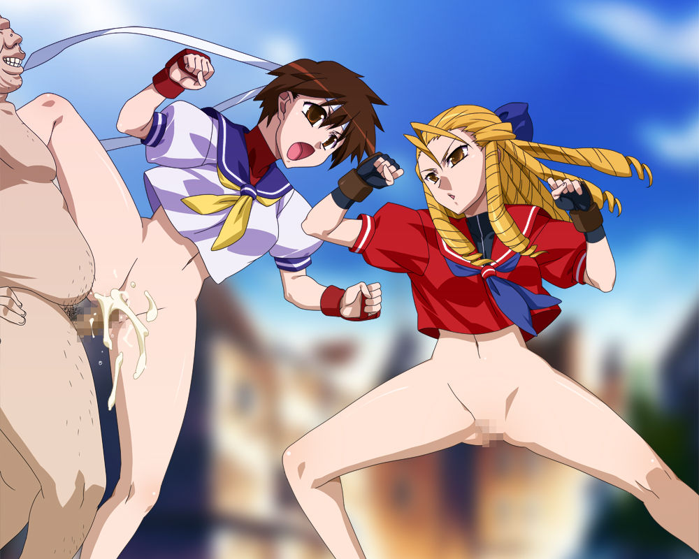 1boy 2girls akagi_(artist) blonde_female blonde_hair blonde_hair_female bottomless bottomless_female brown_eyes brown_hair censored censored_genitalia censored_penis censored_pussy clothed clothed_female cum cum_in_pussy cum_inside drill_hair fat_man female fighting gloves headband karin_kanzuki male multiple_girls naked naked_male nude nude_male orgasm penis sakura_kasugano school_girl school_uniform schoolgirl schoolgirl_uniform sex street_fighter time_stop ugly_bastard ugly_man undressed upskirt vaginal vaginal_insertion vaginal_penetration vaginal_sex white_headband