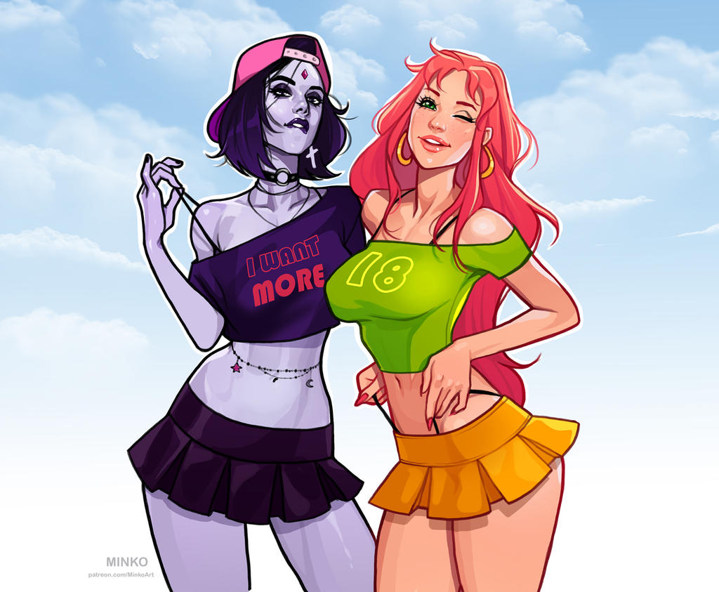 2girls ;) alien alien_girl big_breasts biting_lip black_fingernails black_hair blue_background blush button_nose cap cap_backwards charms choker cloud clouds comic_book_character crop_top cross_earrings curtains dc dc_comics demon demon_girl exposed_shoulders exposed_thighs eyelashes eyeshadow female female_only flowing_hair freckles fully_clothed gem gem_on_forehead gold_earrings green_clothing green_crop_top green_eyes half_demon holding_partner holding_strap hoop_earrings hourglass_figure mascara miniskirt minko necklace number_on_clothing numbers_on_clothing olena_minko one_eye_closed orange_hair orange_lipstick orange_miniskirt orange_skirt painted_fingernails painted_nails pale-skinned_female pale_skin perky_breasts pink_cap pink_lipstick purple_clothing purple_crop_top purple_eyes purple_eyeshadow purple_hair purple_lipstick purple_skin purple_skirt rachel_roth raven_(dc) red_eyebrows red_fingernails red_hair shiny_skin short_hair skirt sky_background slender_waist smile smiling starfire string_bra suggestive_gesture suggestive_look suggestive_pose tan_body tan_skin tan_skinned_female teen_titans text_on_clothing thick_eyebrows thick_lips thong thong_above_skirt thong_straps two_tone_hair waist_chain watermark whale_tail