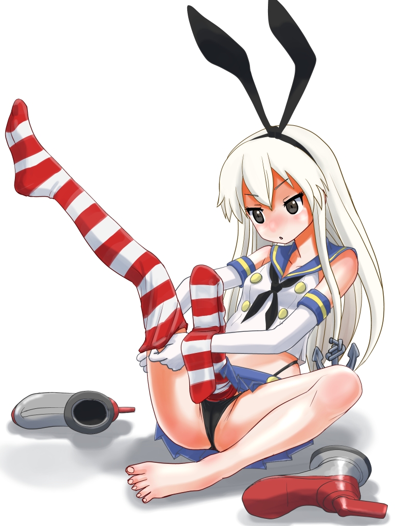 1futa big_penis blonde_hair breasts clothed clothing cock_sock cocksleeve erection erection_in_panties erection_under_clothes feet foot_fetish futa_only futa_sans_balls futanari grey_eyes hidden_penis human kantai_collection large_penis light-skinned_futanari light_skin long_hair o-minato panties partially_clothed penis penis_in_thighhighs rabbit_ears shimakaze_(kantai_collection) shoes_removed short_skirt sitting skirt sock_on_penis solo striped_legwear striped_thighhighs white_hair