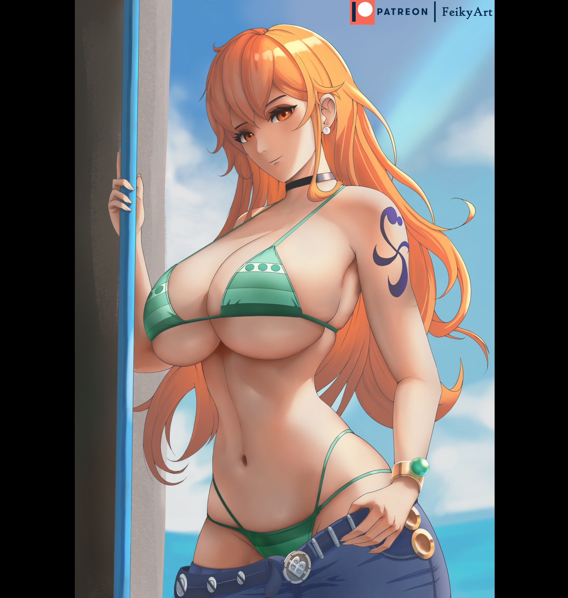 1girls, arm tattoo, bare shoulders, big breasts, bikini, blue tattoo, bra, breasts, choker, clothed, clothing, color, feikyart, female, female focus, female human, female only, hi res, hourglass figure, huge breasts, human, jeans, large breasts, light skin, light-skinned female, long hair, looking at viewer, nami (one piece), one piece, orange eyes, orange hair, orange-haired female, panties, post-timeskip, shounen jump, slim waist, solo, solo female, striped bikini, tagme, tattoo, thick thighs, underwear, wide hips
