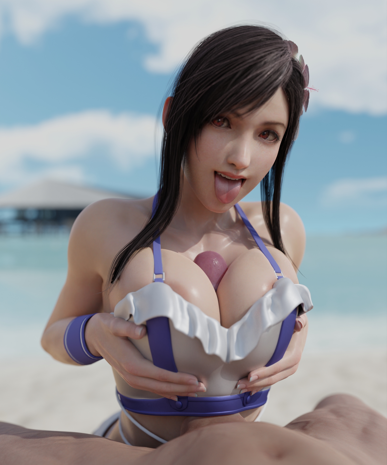 1boy, 1girls, 3d, beach, bikini, bikini top, black hair, blender, blender (software), blender cycles, breast squeeze, breasts, eye contact, female, female focus, final fantasy, final fantasy vii, final fantasy vii rebirth, final fantasy vii remake, flower, flower in hair, huge breasts, large breasts, large penis, lips, long hair, looking at viewer, male, nail, nail polish, nails, nude, nude male, paizuri, paizuri under clothes, penis, penis between breasts, pov, pov eye contact, public, quick e, red eyes, square enix, straight, swimsuit, tifa lockhart, tifa lockhart (shining spirit), tongue, tongue out, very long hair, wet, wet body, wet skin