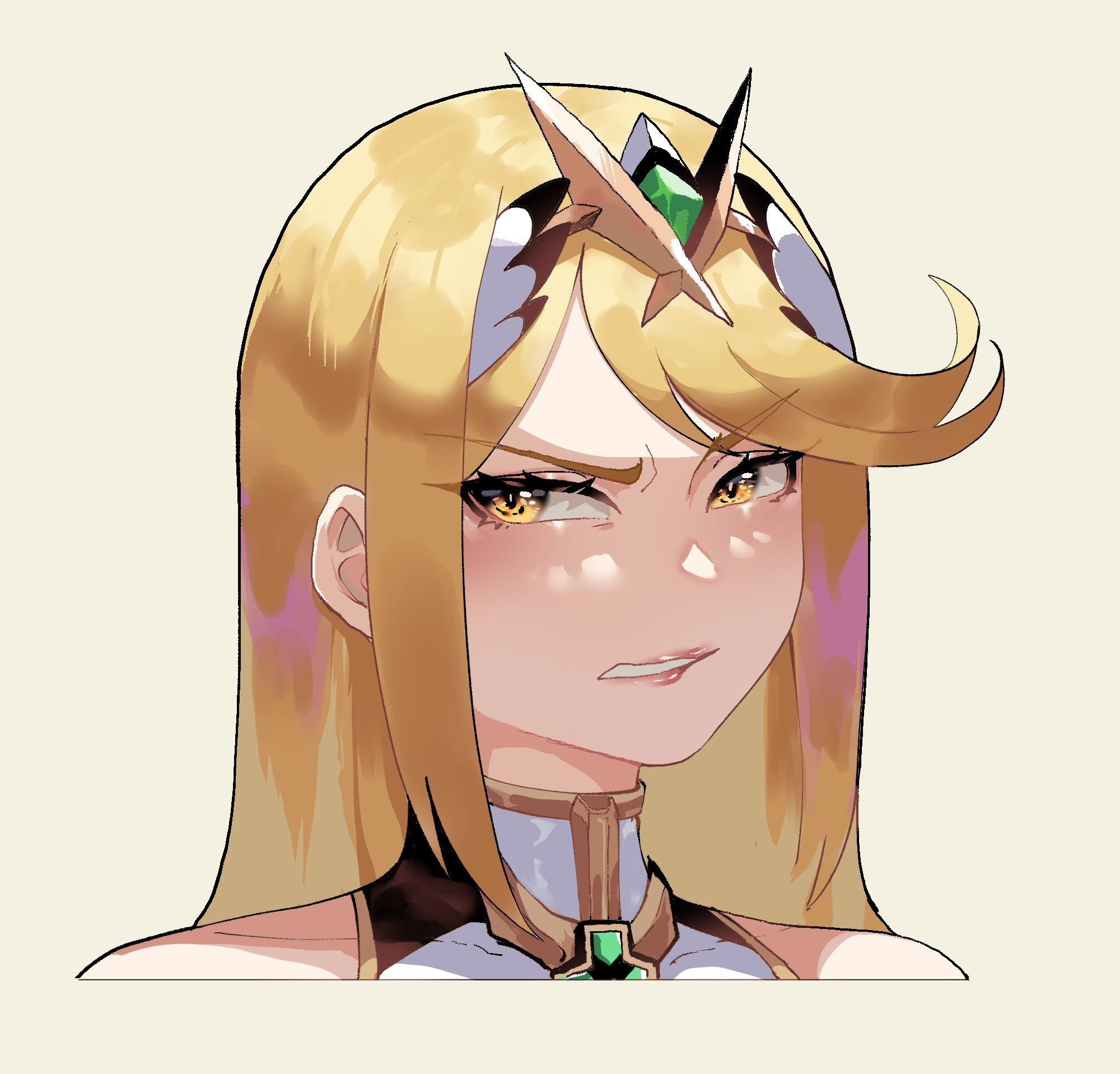1girls, bad id, bad twitter id, blonde hair, blouse, chest jewel, disgust, female, female only, highres, long hair, mythra, mythra (xenoblade), nintendo, pale skin, portrait, scowl, shirt, sleeveless, sleeveless shirt, swept bangs, thiccwithaq, tiara, xenoblade (series), xenoblade chronicles (series), xenoblade chronicles 2, yellow eyes