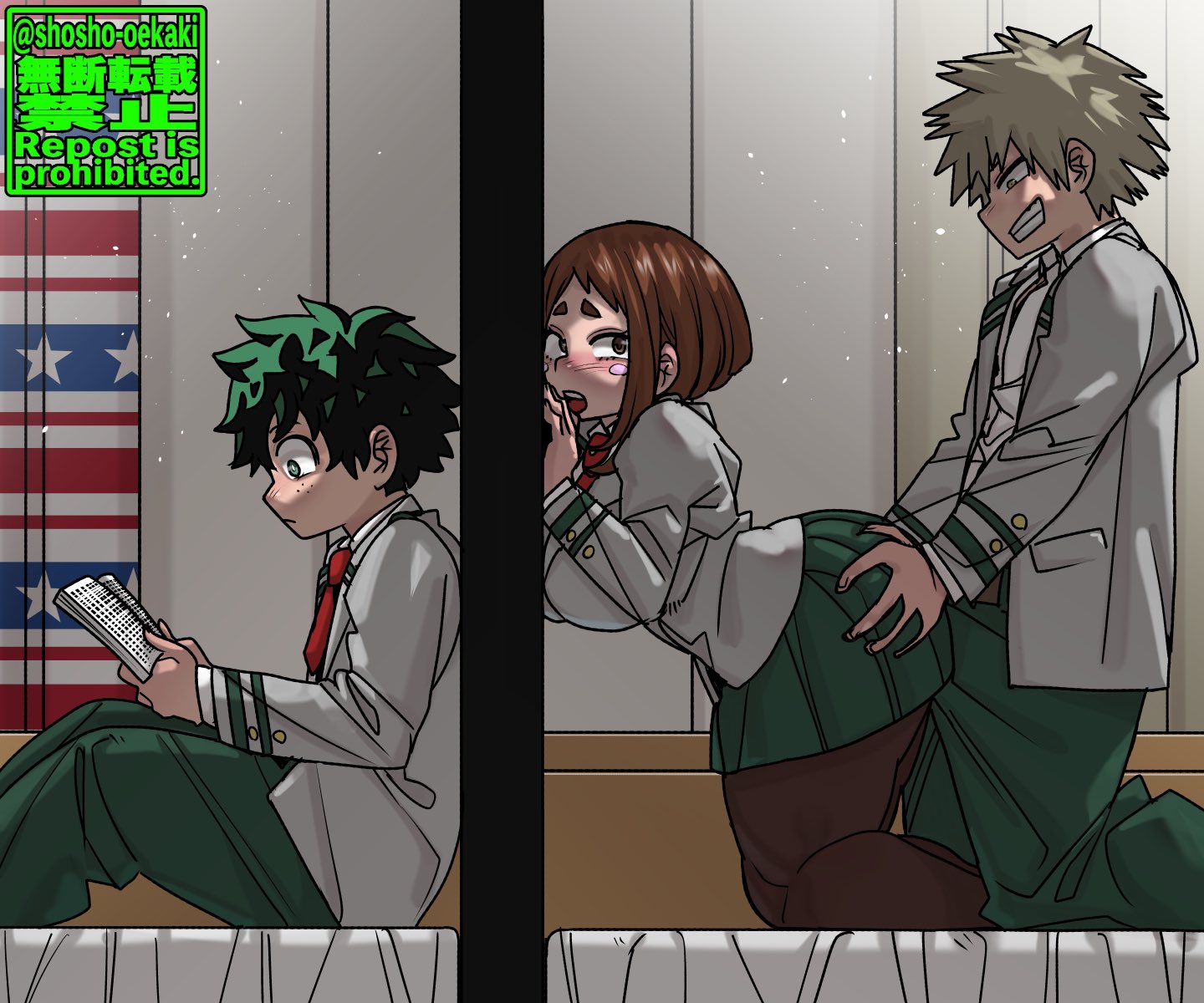 1girls, 2boys, blonde hair, blonde-haired male, brown hair, brown-haired female, cucked by bully, cuckold, do not repost, dorm, female, green hair, green-haired male, imminent sex, izuku midoriya, katsuki bakugou, my hero academia, netorare, ntr, ochako uraraka, school uniform, shosho oekaki, teenager