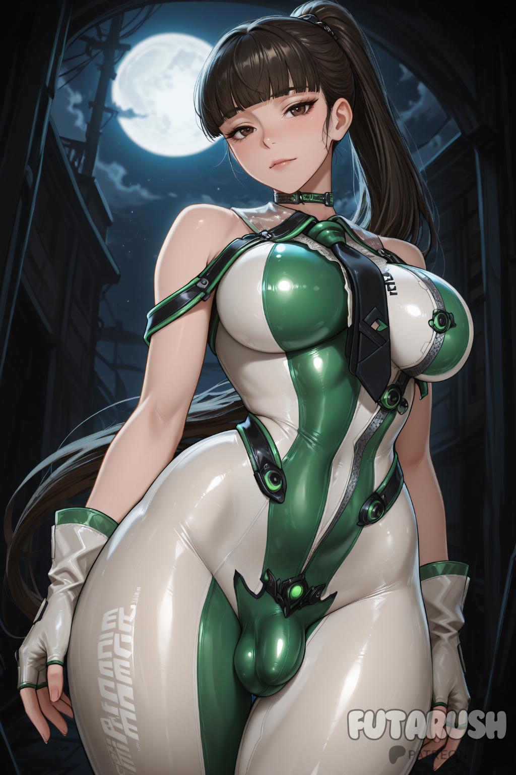 ai generated, bangs, big breasts, black hair, bodysuit, breasts, brown eyes, brown hair, bulge, eve (stellar blade), futanari, futarush, gloves, intersex, large breasts, long hair, looking at viewer, patreon, patreon username, ponytail, skin tight, standing, stellar blade, sultryspark, wide hips