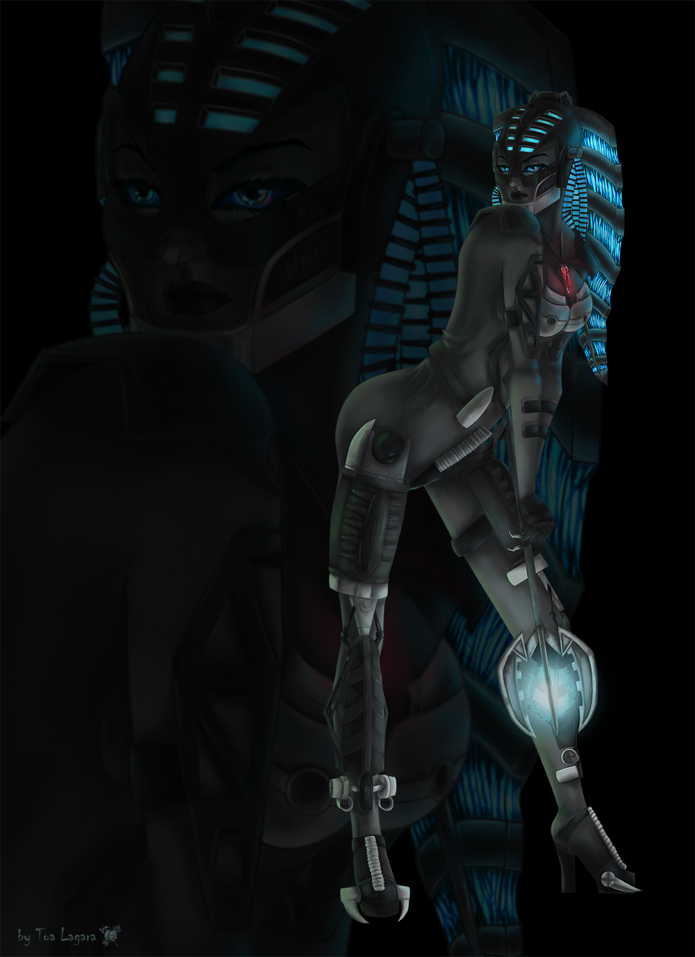 1girls biomechanical bionicle black_skin blue_eyes female high_heels large_ass large_breasts lego ponytail roodaka solo solo_female tagme toa-lagara vortixx