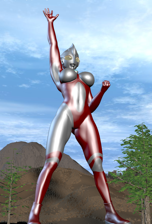 3d 3d_(artwork) alien alien_girl alien_humanoid ground landscape large_breasts mountain mountains original original_character thick_thighs tree ultraman_(franchise) ultrawoman zoo_(artist)