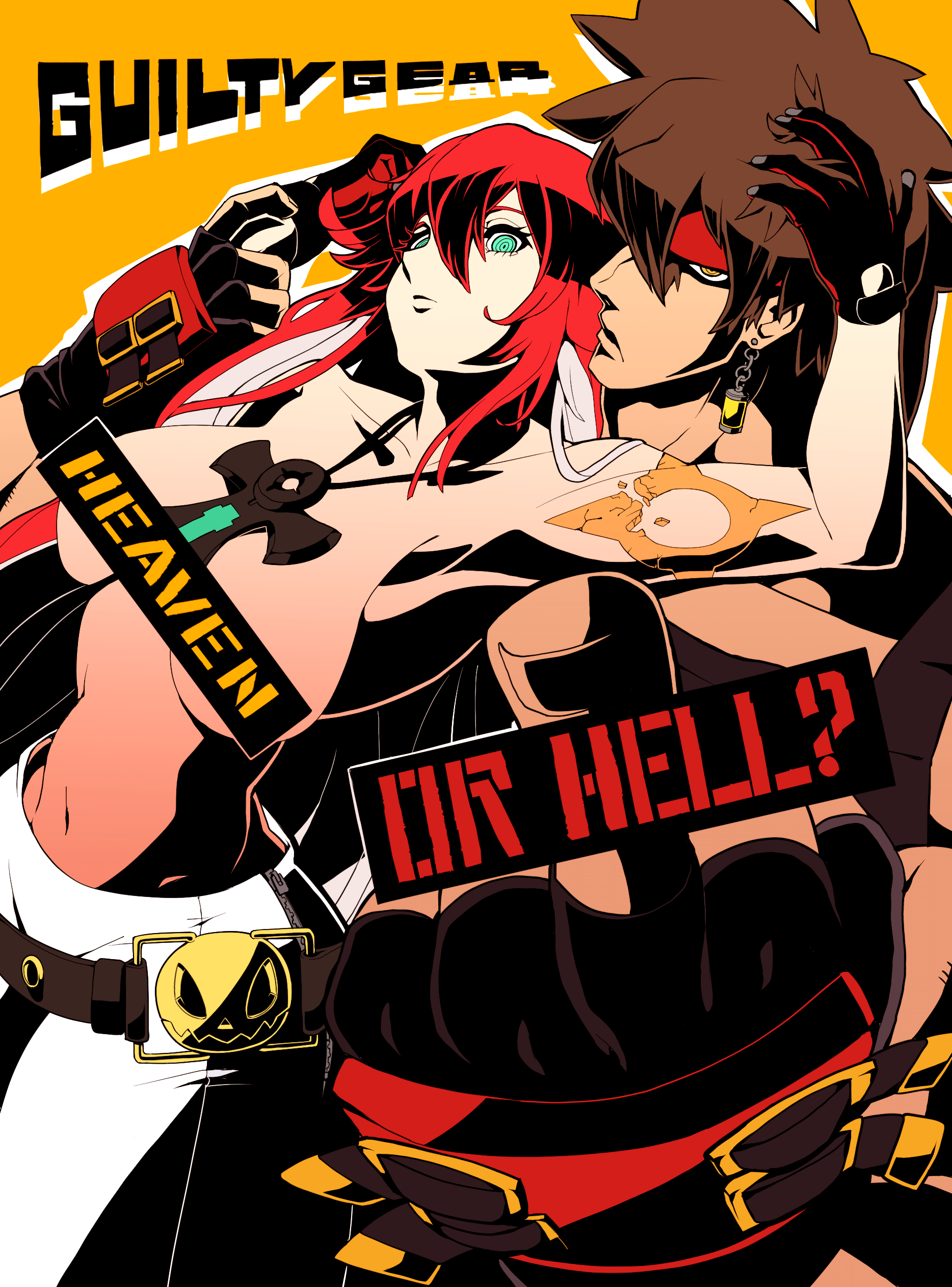1boy, breasts, brown hair, canon couple, censored, censored breasts, couple, guilty gear, guilty gear strive, halo, husband and wife, jack-o' valentine, male, middle finger, red hair, sol badguy, topless