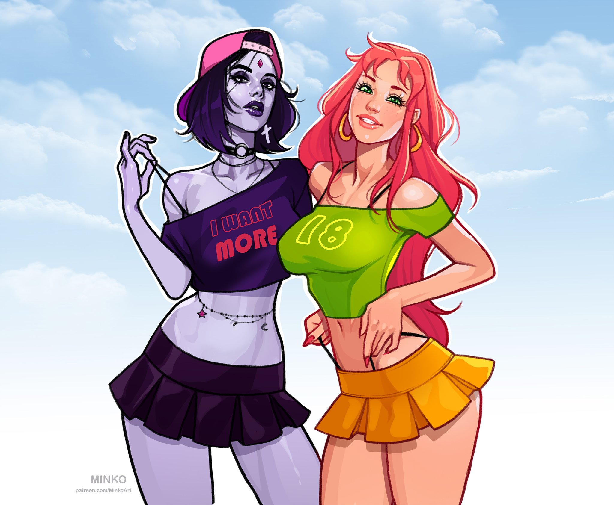 2girls, alien, alien girl, alien humanoid, breasts, cambion, dc, dc comics, demon, demon girl, digital media (artwork), eyelashes, female, female focus, female only, fully clothed, goth, goth girl, grey body, grey skin, grey-skinned female, hair, half demon, hourglass figure, human, humanoid, large breasts, legs, light skin, light-skinned female, lips, minko, multiple females, multiple girls, olena minko, pale skin, pale-skinned female, purple eyes, purple hair, rachel roth, raven (dc), short hair, signature, sorceress, starfire, superhero, superheroine, tamaranean, teen titans, text, thick thighs, thighs, thong, thong straps, upper body, voluptuous, whale tail, wide hips