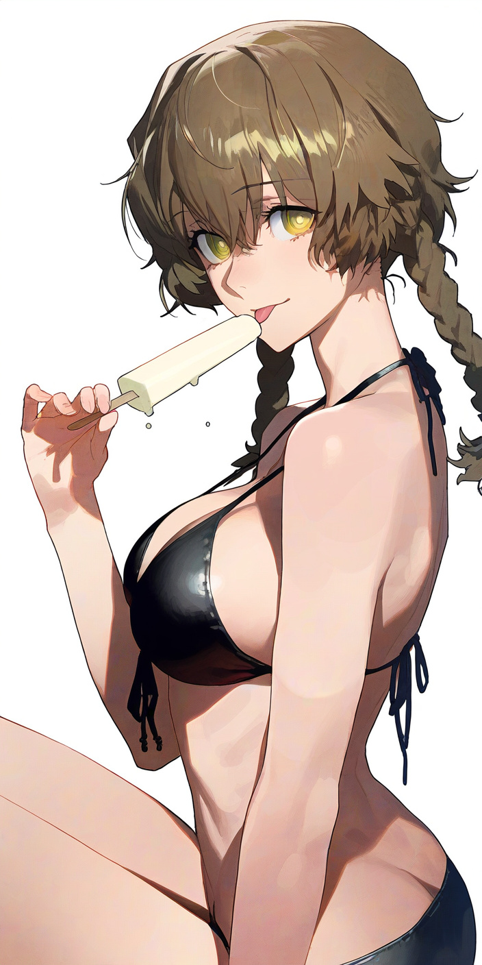 1girls ai_generated amane_suzuha bikini braided_hair brown_hair female fluffy_hair licking_popsicle light-skinned_female medium_breasts popsicle smile solo steins;gate swimsuit twin_braids yellow_eyes