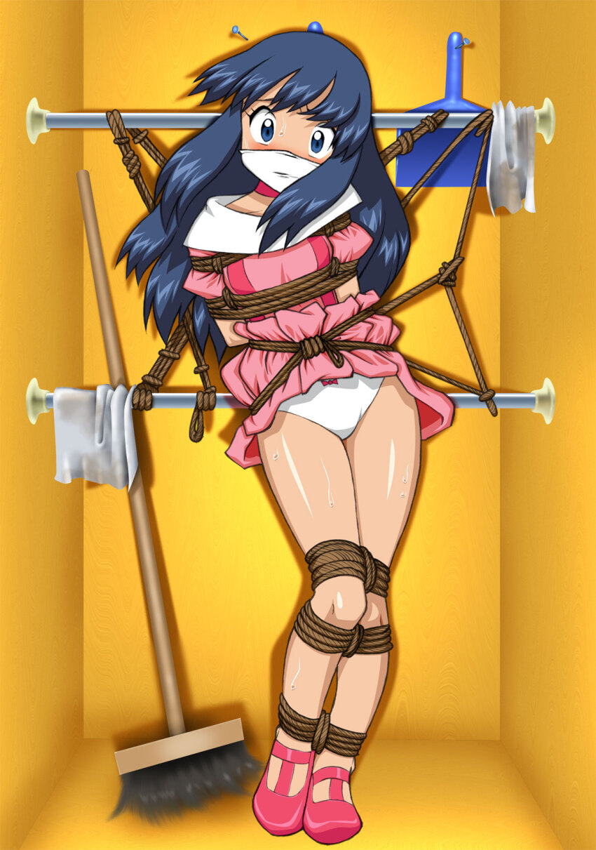 arms_behind_back blue_eyes blue_hair blush bondage bound bound_arms bound_legs bow bow_panties bowtie broom closet cloth_gag clothes_lift clothes_pull collar creatures_(company) daikinbakuju dawn_(pokemon) dress dress_lift dress_pull dustpan female female_focus flat_chest gag gagged game_freak highres improvised_bondage improvised_gag indoors kidnapped looking_at_viewer nervous nervous_sweating nintendo original over_the_nose_gag panties peril pink_dress pokemon pokemon_(anime) puffy_short_sleeves puffy_sleeves rag restrained rope short_sleeves solo solo_focus sweat sweatdrop underwear upskirt white_panties