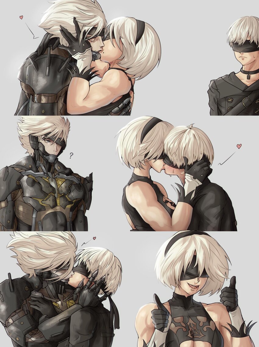 1girls, 2boys, bisexual, black blindfold, covered eyes, crossover, cyborg, eyepatch, female, hand on another's face, kiss, kissing, male, meme, metal gear, multiple boys, multiple males, muscular, muscular female, nier (series), nier: automata, raiden (metal gear), smile, straight, white hair, yaoi, yoracrab, yorha 2b, yorha 9s