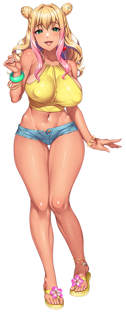 alpha_channel anklet blonde_hair bracelet breasts covered_erect_nipples double_bun earrings female for_sticker_use full_body gal green_eyes gyaru gyaru_gal hair_bun heart heart_earrings hidaka_manatsu jewelry kan'ochi_x_netorare_kazoku_~anata_yurushite._watakushi-tachi,_uwaki_sex_ni_honki_de_hamacchatta_no~ kuro_gyaru large_breasts long_hair looking_at_viewer micro_shorts minamoto_(mutton) navel official_art open_fly photoshop_(medium) pink_hair png sandals shiny_skin short_shorts shorts single_earring solo standing sticker_template tachi-e tan tanline thigh_gap transparent_background transparent_png