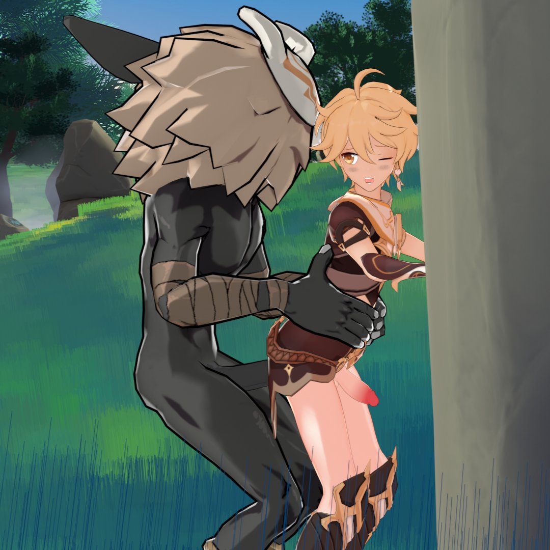 1boy, 1monster, 3d, 3d model, aether (genshin impact), anal, anal sex, blonde hair, gay, genshin impact, hilichurls (species), male, male focus, male only, mihoyo, penetration, public, public sex, rape, yaoi