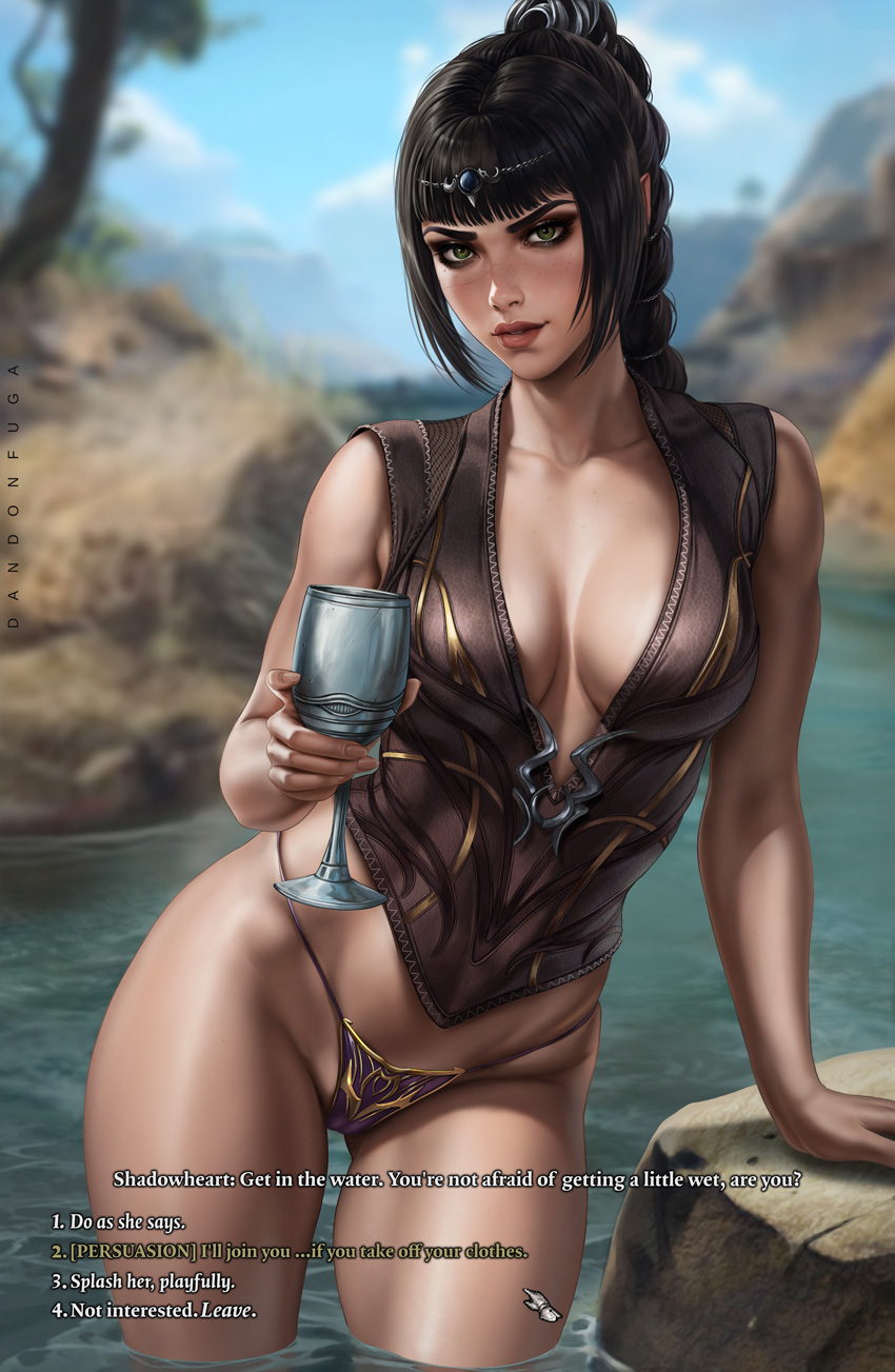 1girls, artist name, baldur's gate, baldur's gate 3, bare arms, bare legs, bare shoulders, bare thighs, big breasts, black eyes, black hair, blush, breasts, clothed, clothing, color, dandon fuga, dungeons and dragons, english text, female, female focus, female only, forgotten realms, hi res, inner sideboob, large breasts, light skin, light-skinned female, long hair, looking at viewer, shadowheart, solo, solo female, tagme, text, thick thighs, wading, water