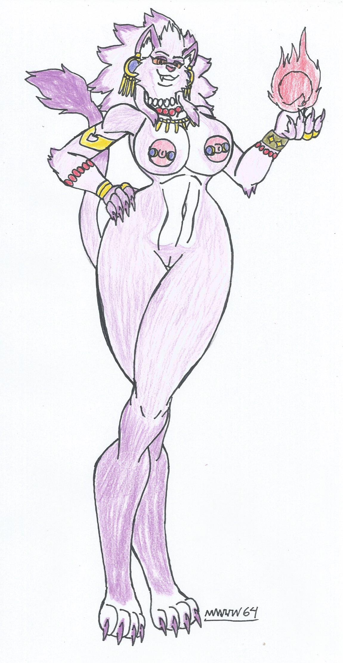 anthro belladonna_(trials_of_mana) big_breasts big_hips bracelets cat_humanoid earrings feline_humanoid furry gold_(metal) gold_jewelry jewelry magic_user mana_(series) marlon64 necklace nipple_piercing orange_eyes purple_fur purple_hair rings sole_female spellcaster traditional_drawing_(artwork) trials_of_mana white_background white_fur