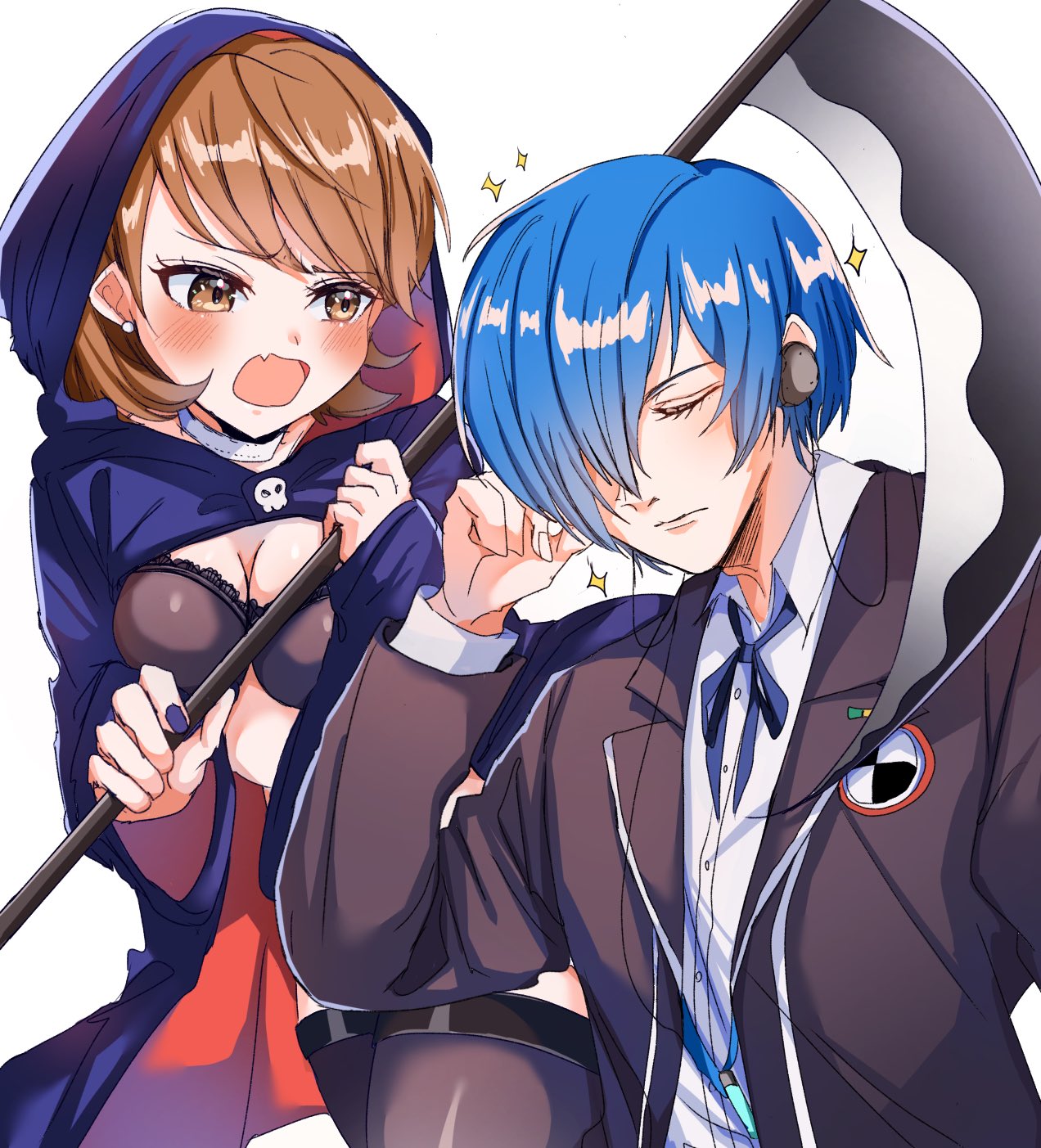 artist_request blush bra cloak cosplay makoto_yuki needy persona persona_3 scythe weapon yukari_takeba yuyuy_00