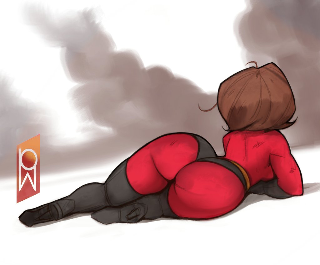 ass, ass focus, big ass, big butt, bodysuit, defeated, female, helen parr, hourglass figure, laying on side, lying, meme, on the floor, rogue dat ass (meme), the incredibles, tight clothing, tomphelippe, white background