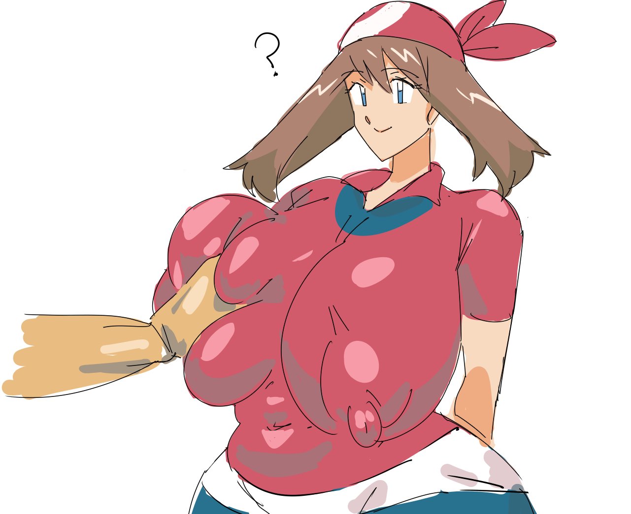 1girls areolae_visible_through_clothing bandana belly belly_button blue_eyes breast_grab breast_squeeze breast_squish breasts breasts_bigger_than_head brown_hair brunette_hair clueless fondling fondling_breast fully_clothed groping groping_breasts hand_on_breast huge_breasts kandenki may_(pokemon) nipples_visible_through_clothing plump pokemon pokemon_rse portrait question_mark short_hair skin_tight skin_tight_outfit skindentation smile white_background wide_hips