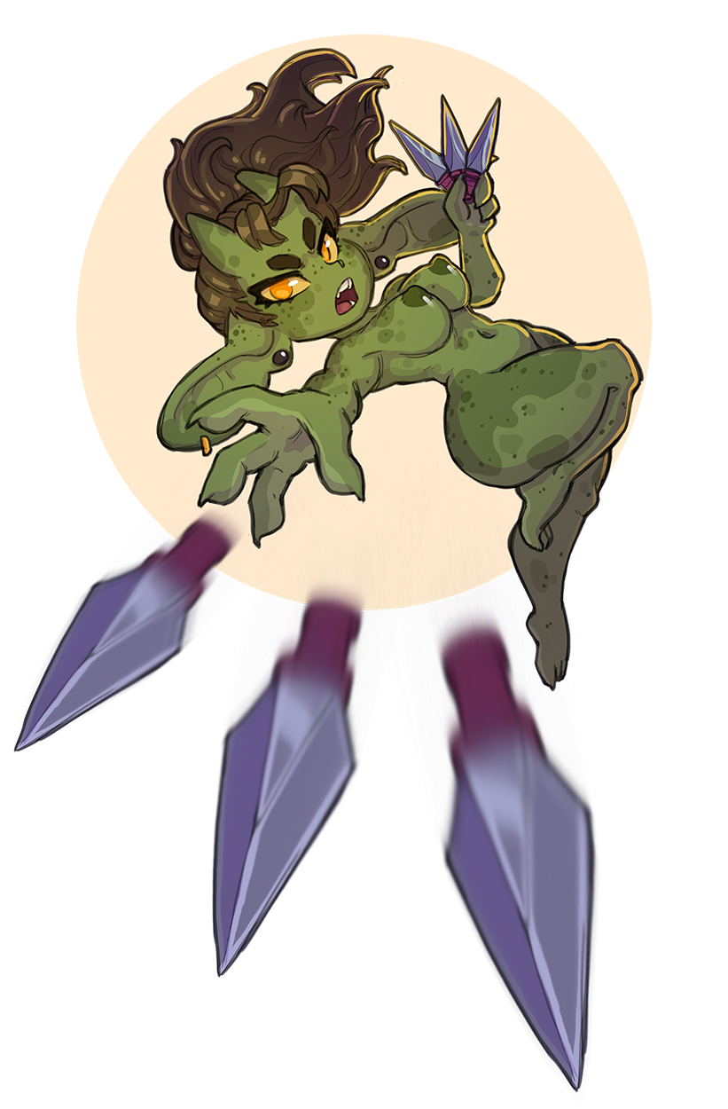 action_pose alpha_channel brown_hair female goblin goblin_female green_body green_nipples green_skin hair hi_res humanoid jumping nipples nude orange_eyes pose ril_(producer_j) short_stack solo throwing_knife transparent_background whatsalewd