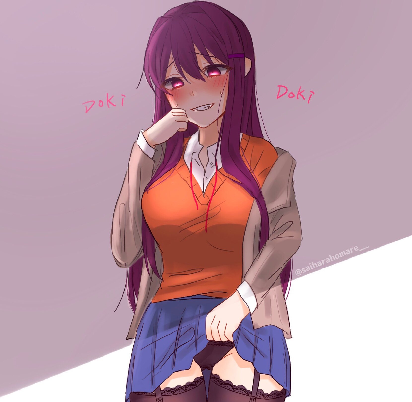 1girls, black lingerie, black panties, blue skirt, blush, blush lines, doki doki literature club, english text, female, garter straps, homa yu , lingerie, long hair, panties, purple hair, skirt, skirt lift, text, yuri (doki doki literature club)