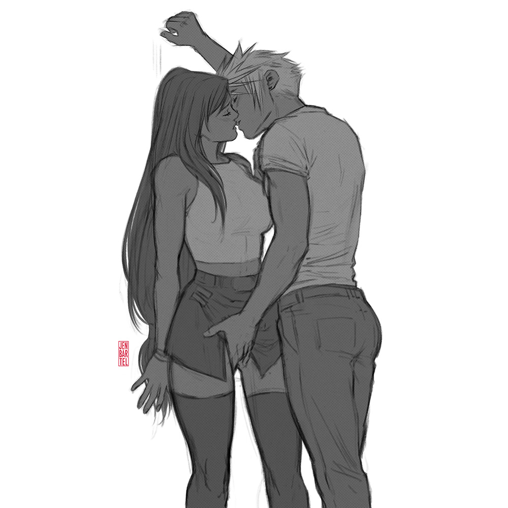 ass, big ass, big breasts, breasts, cloud strife, female, final fantasy, final fantasy vii, final fantasy vii remake, fingering, jen bartel, kiss, kissing, monochrome, passionate, passionate kiss, romantic, romantic couple, smooth skin, straight, tifa lockhart