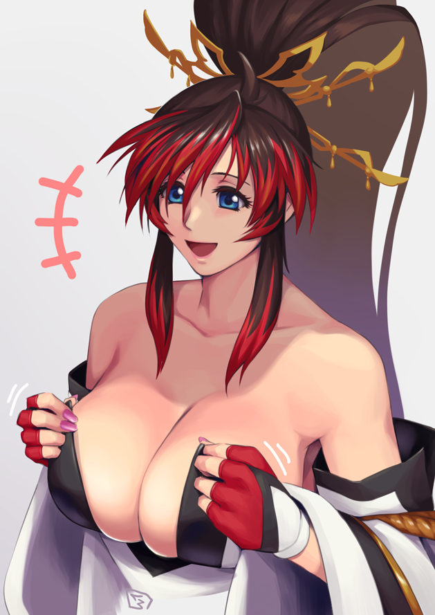 1girls big_breasts black_hair blue_eyes busty cleavage dressing female female_only fingerless_gloves kaguya_nanbu large_breasts long_hair nanbu_kaguya open_mouth ponytail smile solo super_robot_wars super_robot_wars_original_generation voluptuous